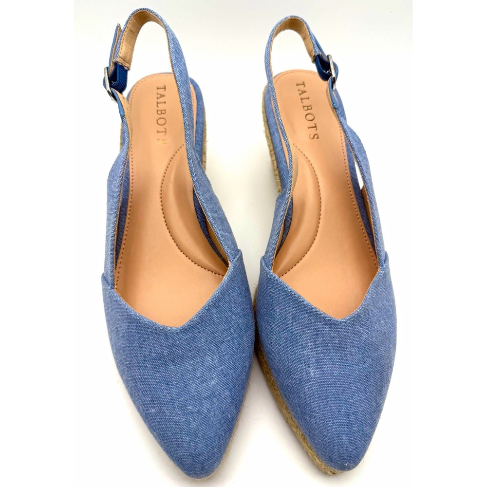 Talbots Medium Blue Textile Vivi Slingback Wedge Heels Buckle Ankle Strap US 7